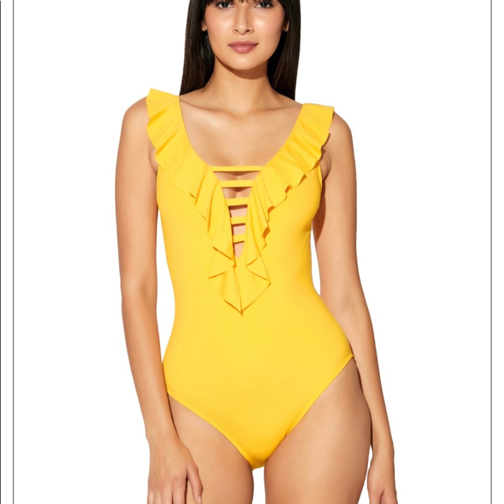 Ruffle Lattice Plunge One Piece Swimsuit